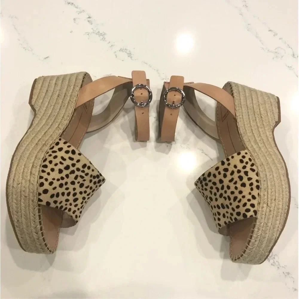New Dolce Vita Lesly Leopard Calf Hair print Espadrilles sandals ankle strap fur